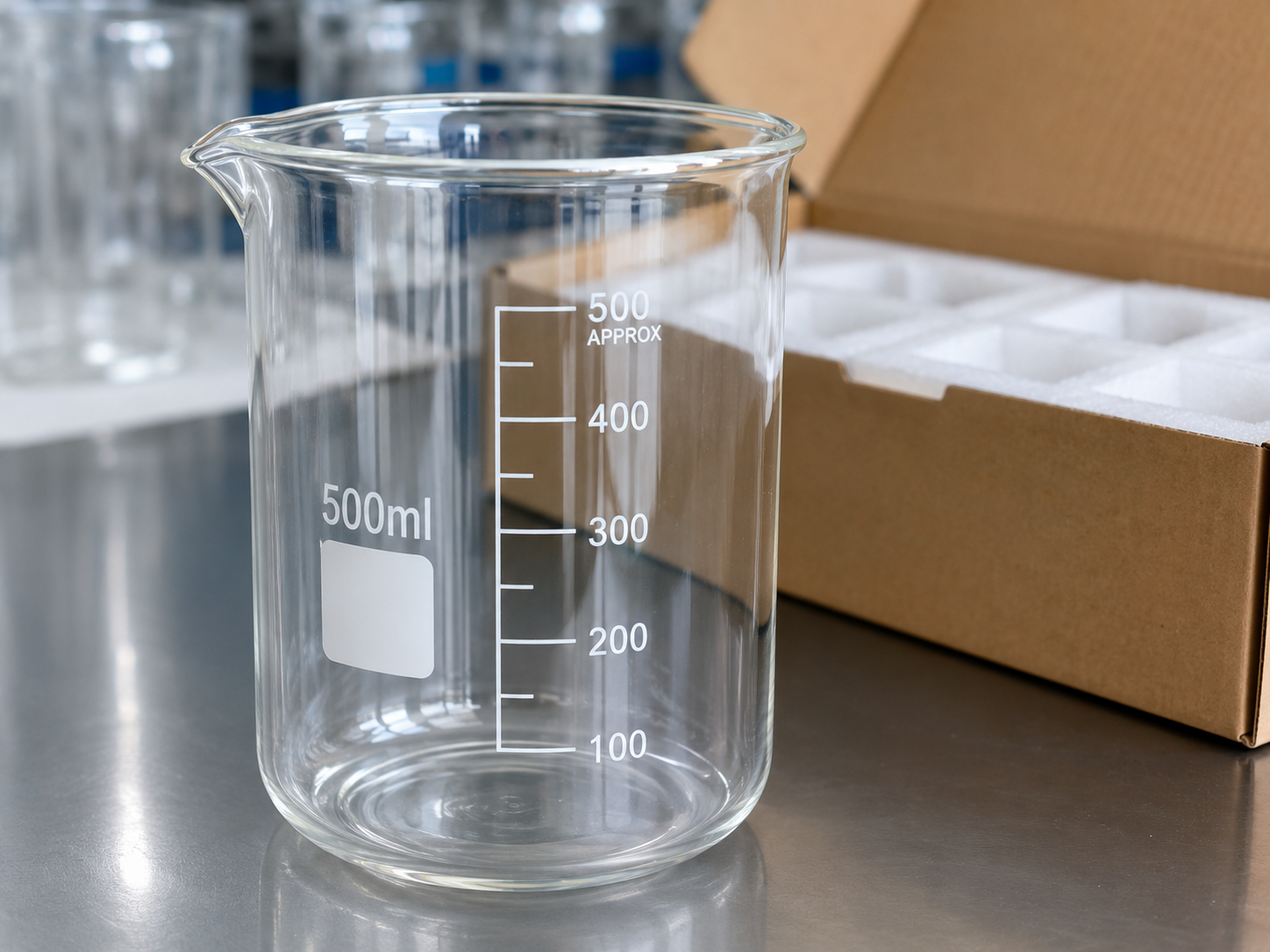 Beaker buying details including graduations, spout, capacity markings, and export packing