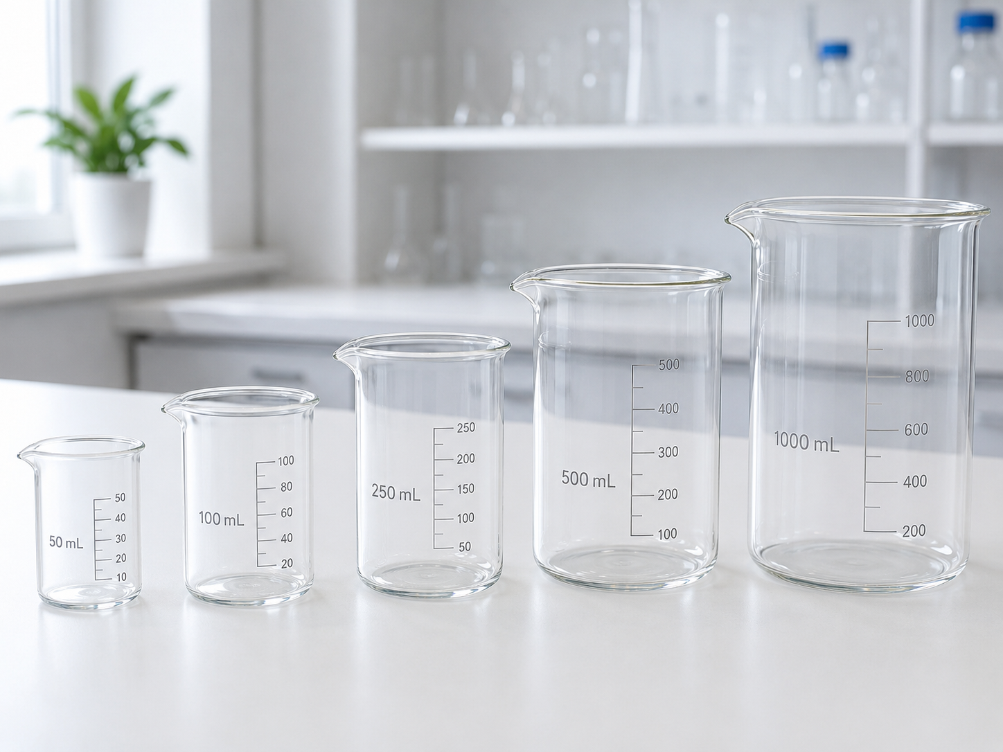 Different sizes of laboratory glass beakers on a clean lab bench