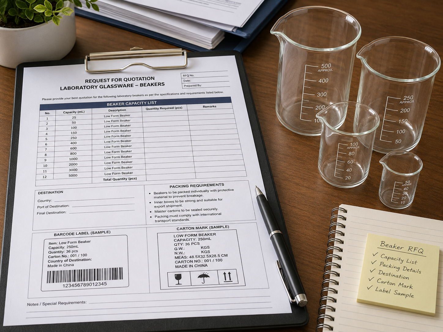 Beaker quote request with capacity list, quantity, destination, and packing requirements