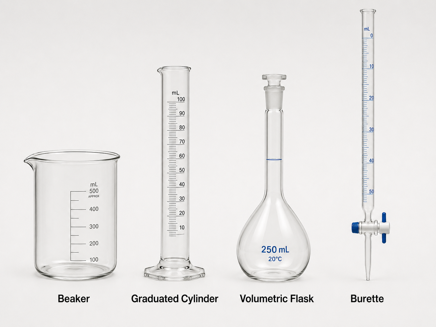 Beaker, graduated cylinder, volumetric flask, and burette compared side by side
