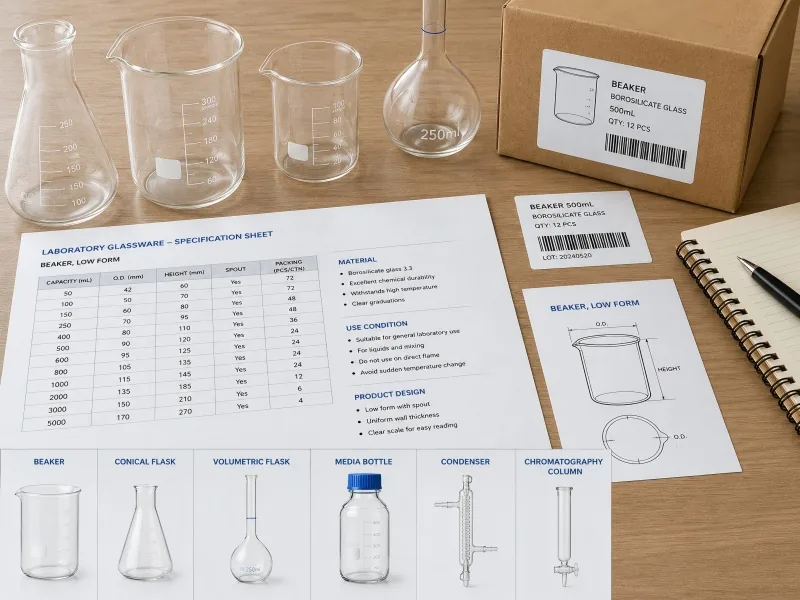 Borosilicate glassware quote checklist with capacities and packing notes