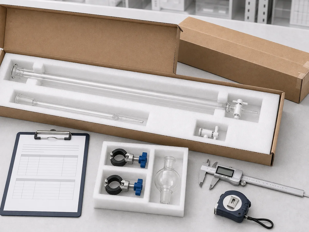 Long glass chromatography columns protected in foam beside quote and measurement tools