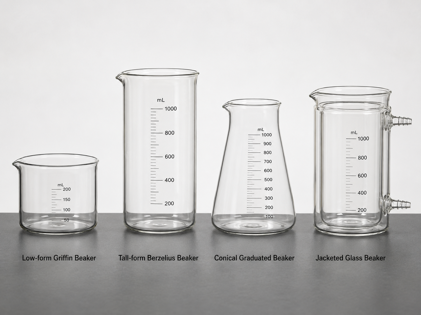 Common laboratory beaker types including low-form, tall-form, conical, and jacketed beakers