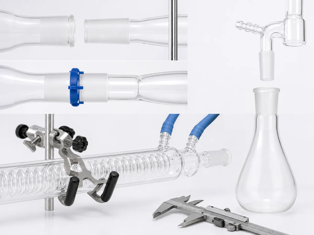 Ground glass joints clamps tubing and receiver alignment checked for distillation glassware