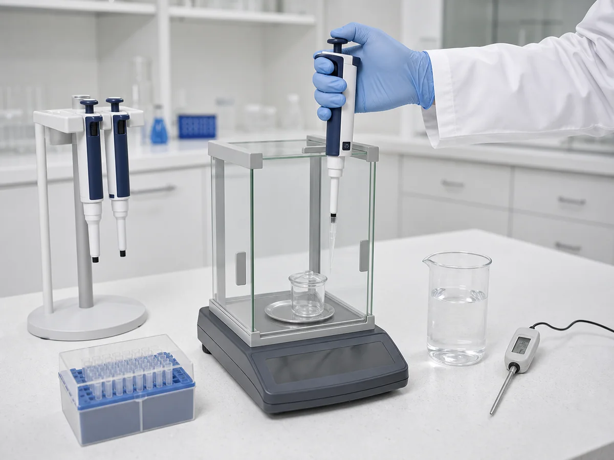 Piston pipette positioned over a weighing vessel on an analytical balance